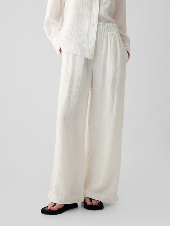 GAP Pants - GAP Off-White Wide-Leg Crinkle Gauze Pants L